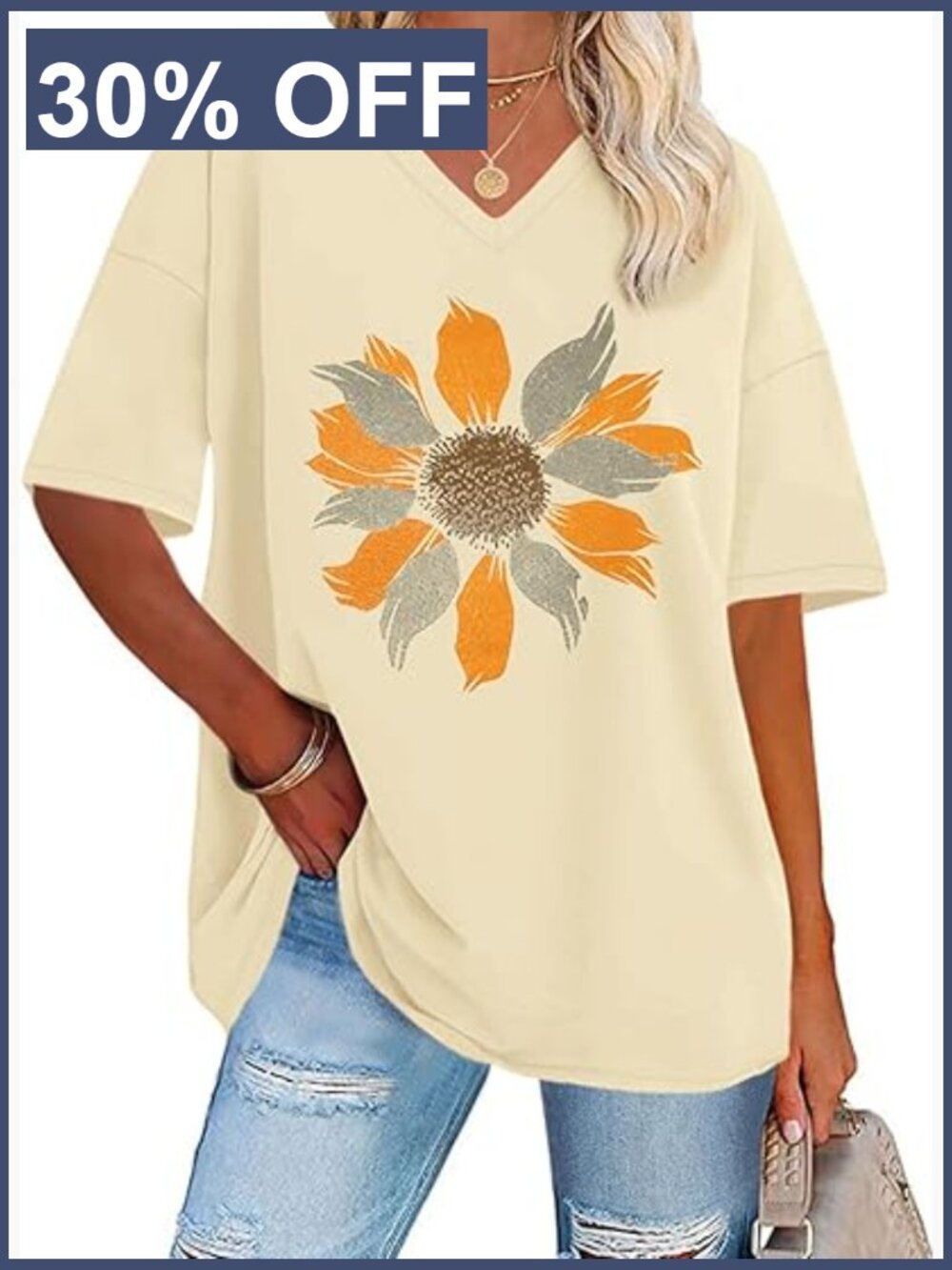 Oversized V-Neck Graphic Tee Short Sleeve Loose Fit Summer Top
